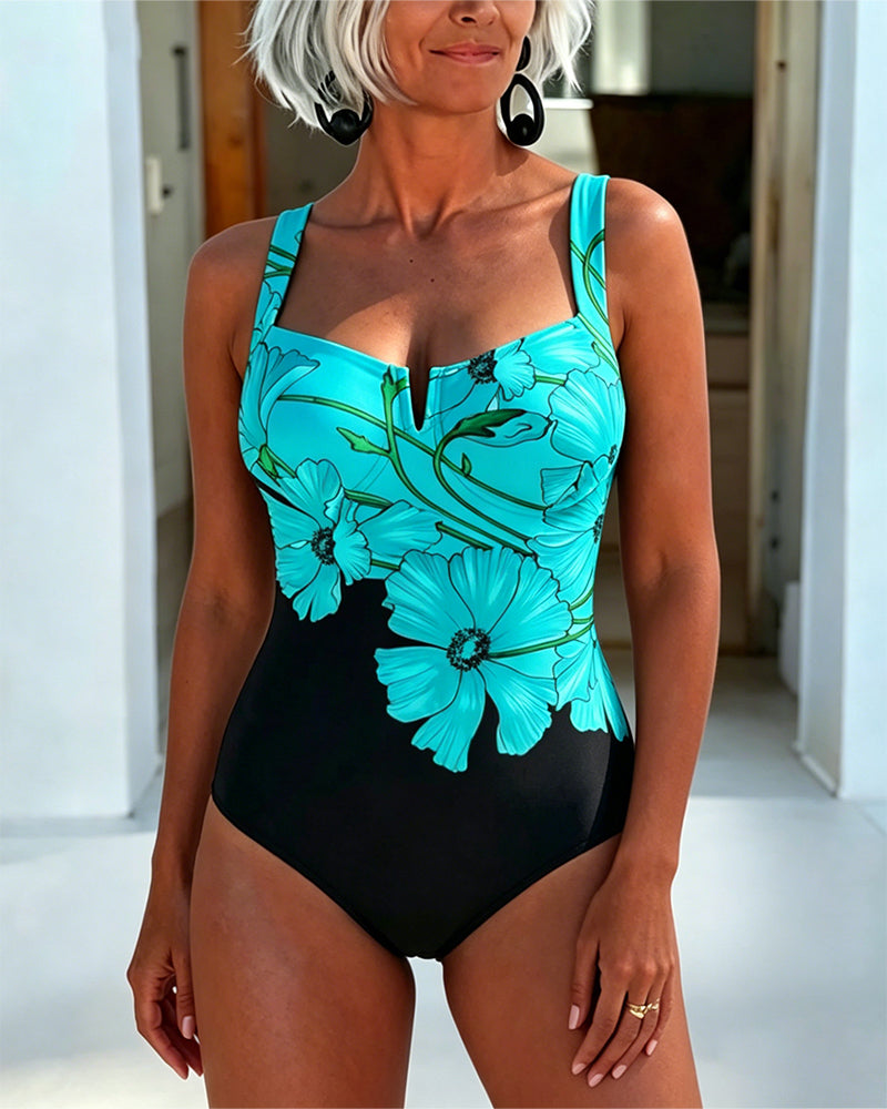 Laury | Floral Print Square Neck One-Piece Swimsuit