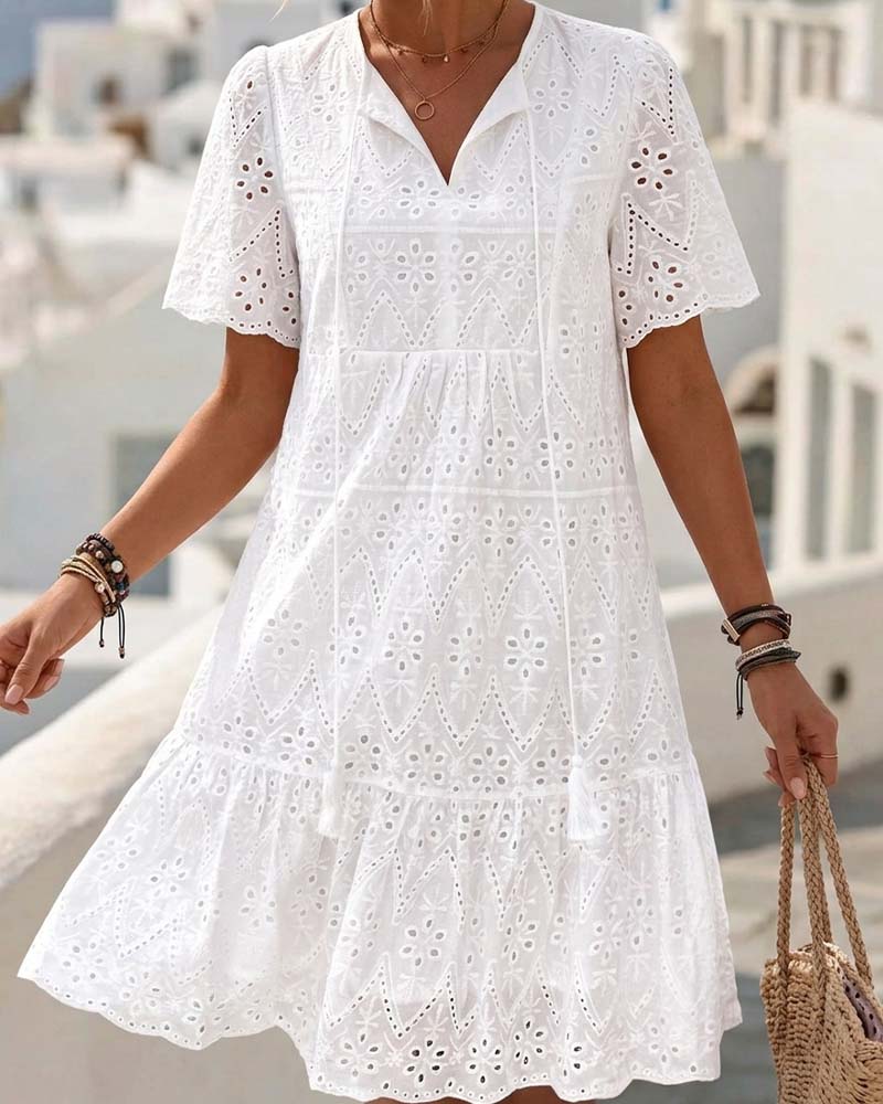 Aphinya | Eyelet V-Neck Short Sleeve Dress