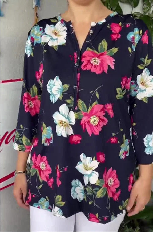 Nahikari | Printed V Neck Button Tunic Top