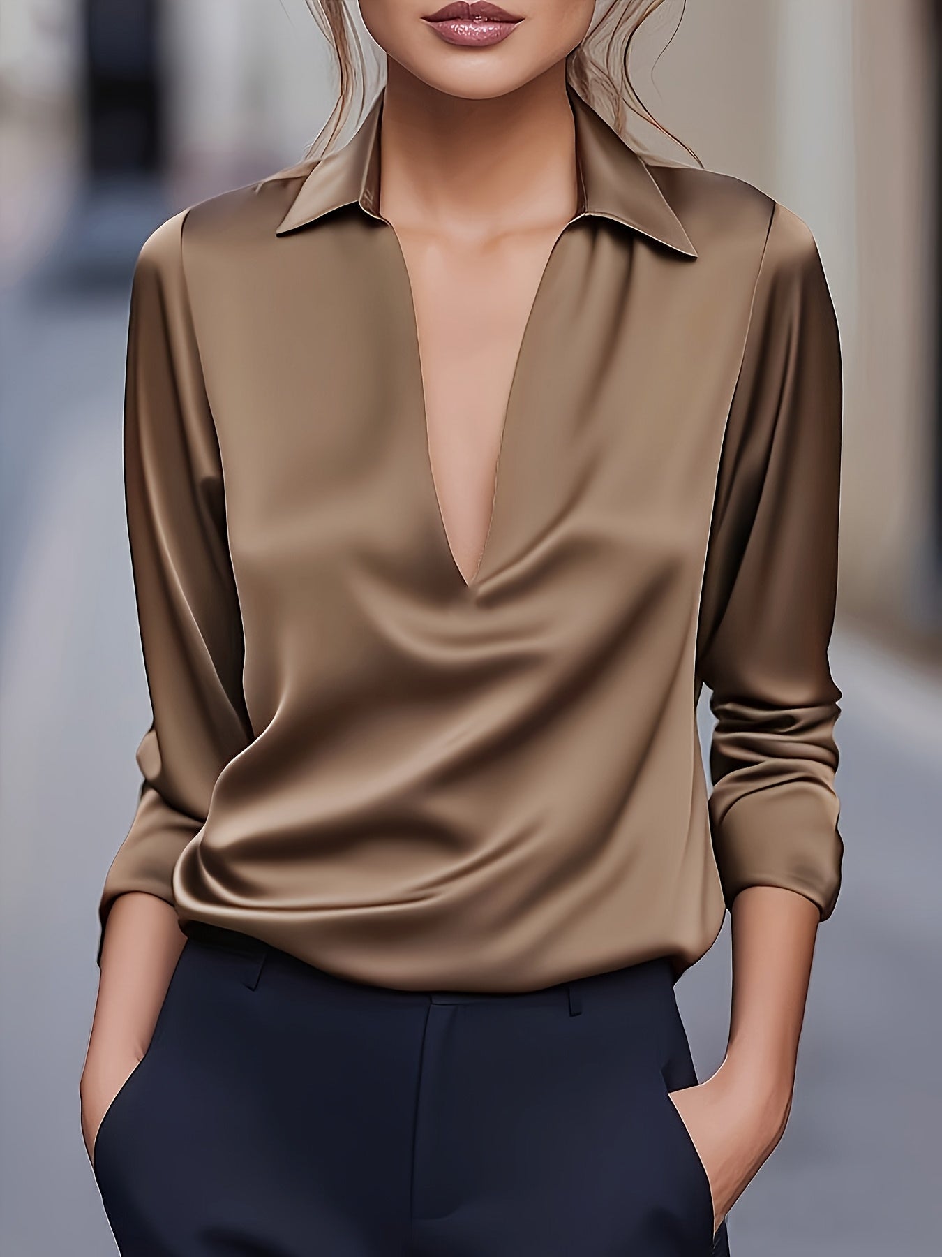 Kyrra – Long Sleeve Satin V Neck Blouse