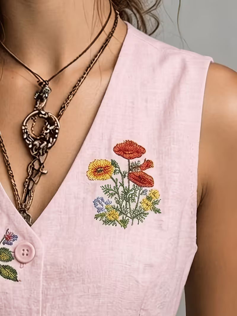 Elena | Embroidered Sleeveless Linen Vest