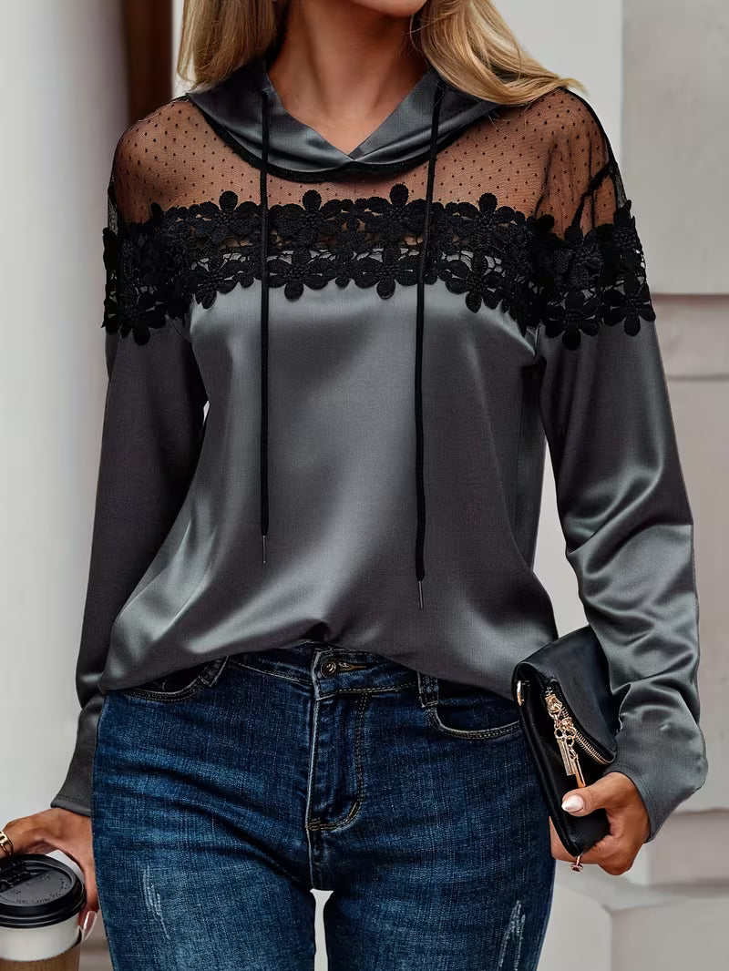 Miraella | Lace Mesh Hooded Top with Long Sleeves