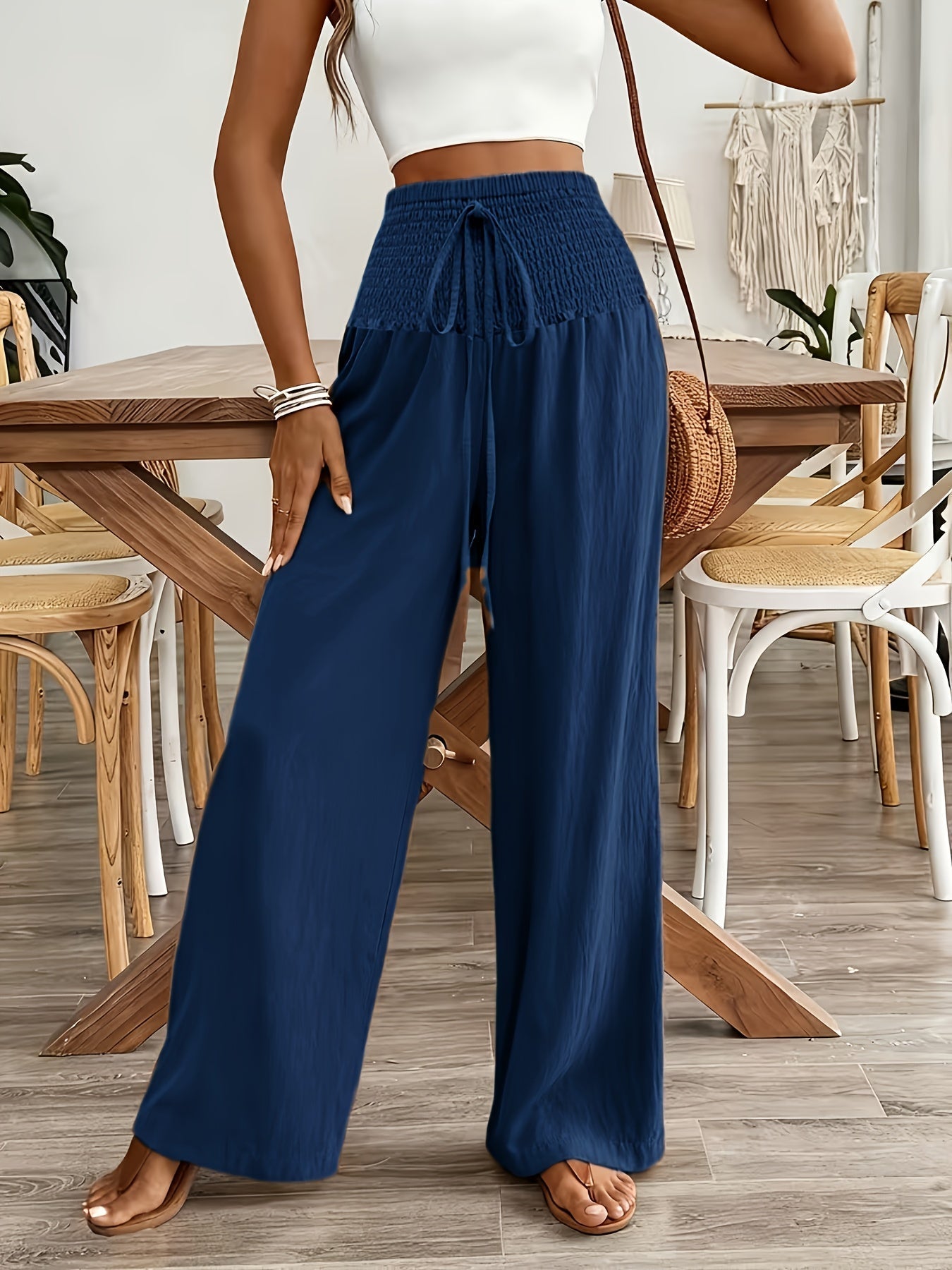 Rebeki | Pants High-Waisted Wide Leg Drawstring Smocked Waist