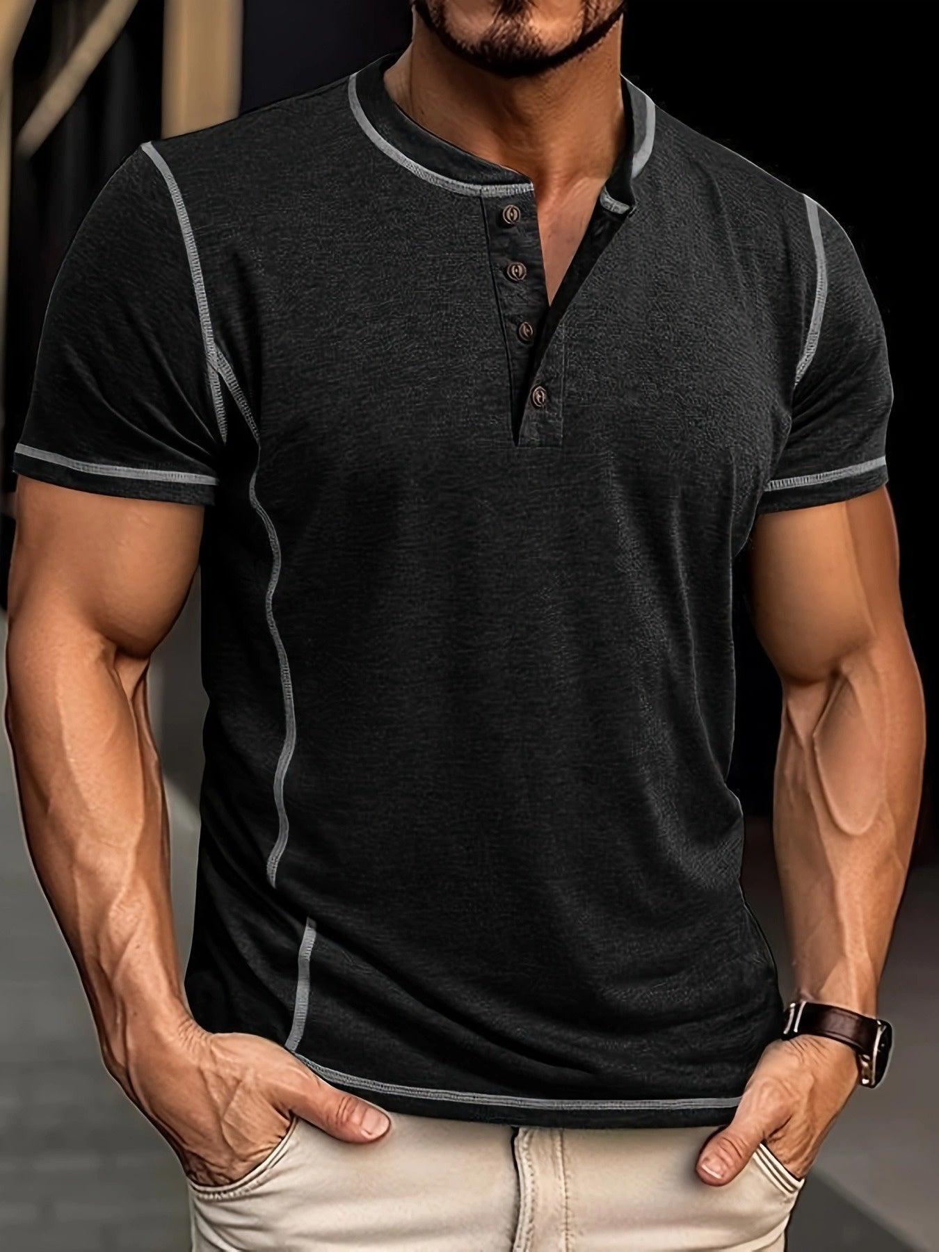 Orazio | Henley Short Sleeve Contrast Stitch Shirt