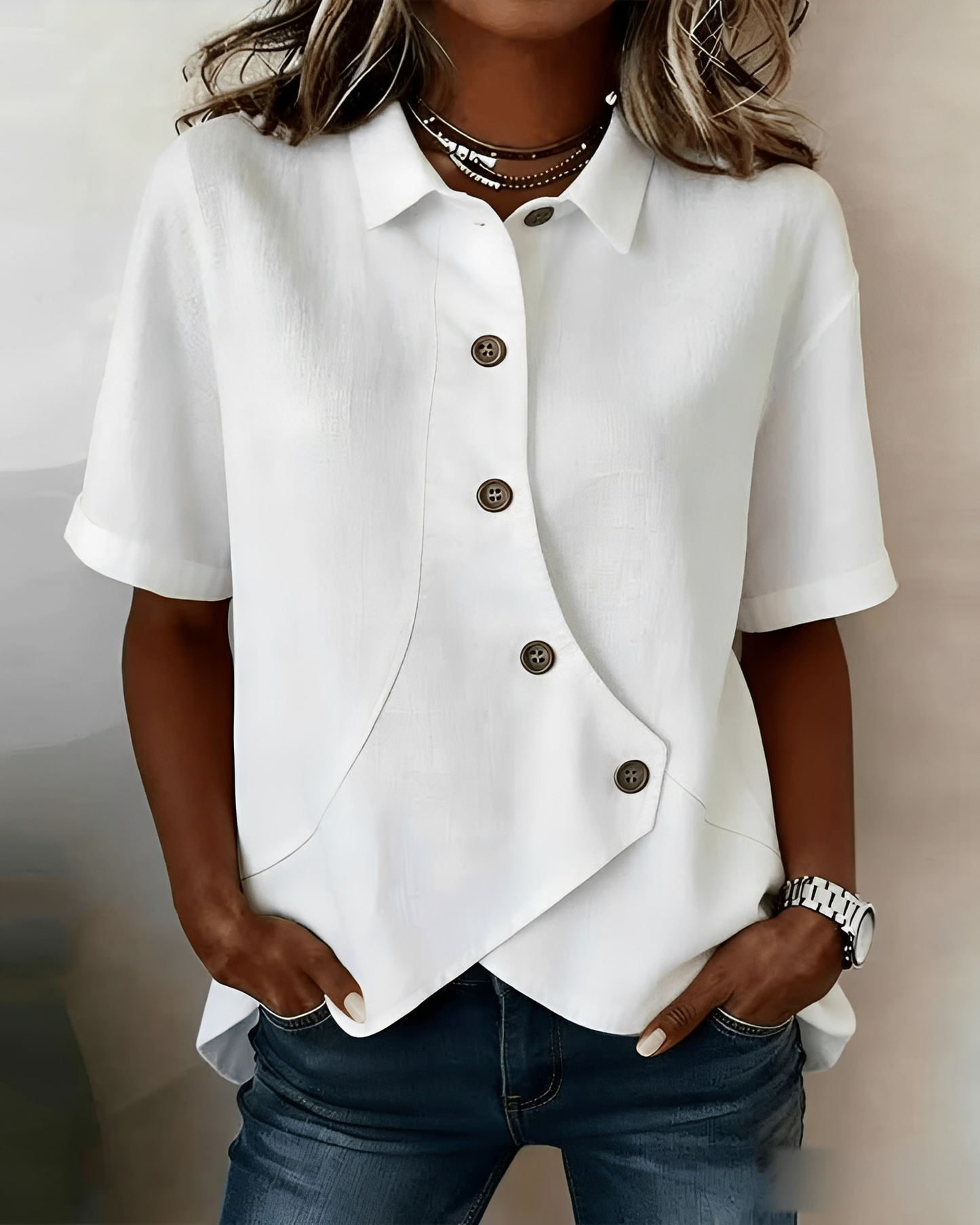 Thabata | Short Sleeve Asymmetrical Button Shirt Blouse