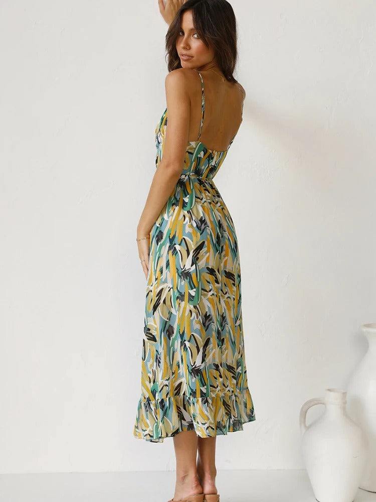 Emmeline | Printed Sleeveless V Neck Midi Dress