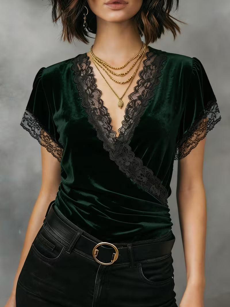 Jalisa | Velvet-Look Lace Trim Wrap Top