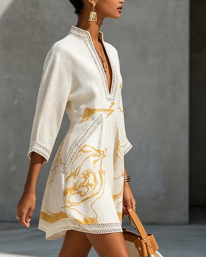 Soeun | V-Neck Printed Tunic Mini Dress