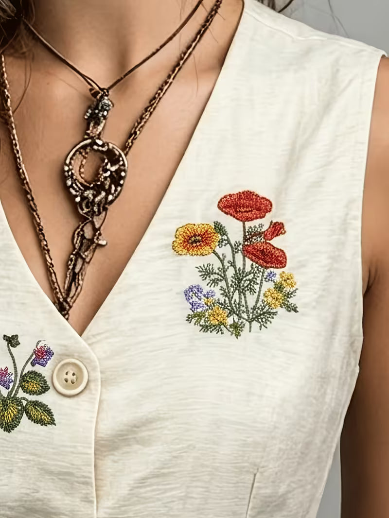 Elena | Embroidered Sleeveless Linen Vest