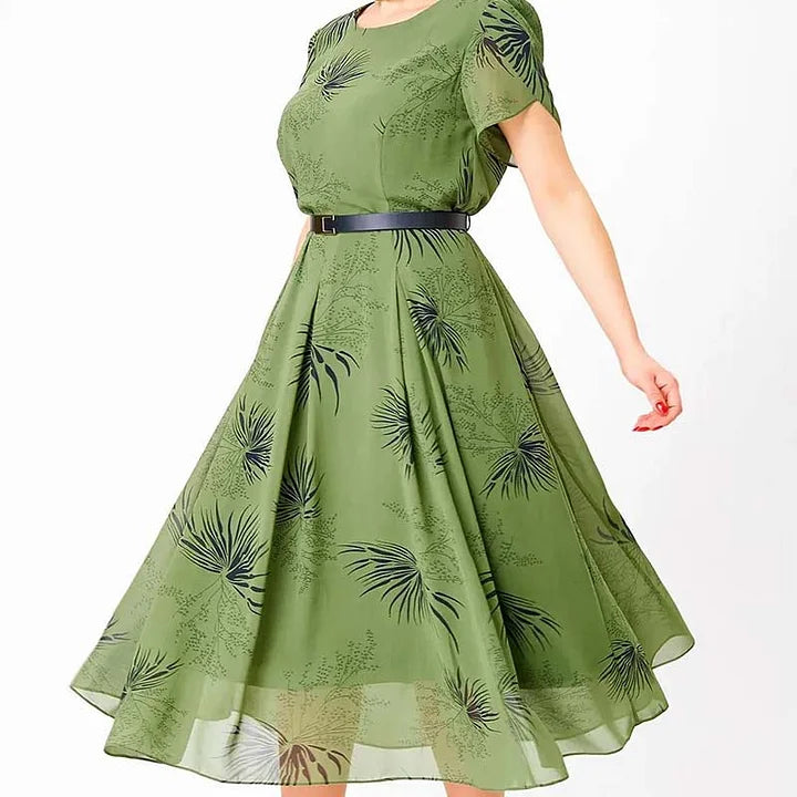 Basma | Leaf Print Short Sleeve Midi Dress