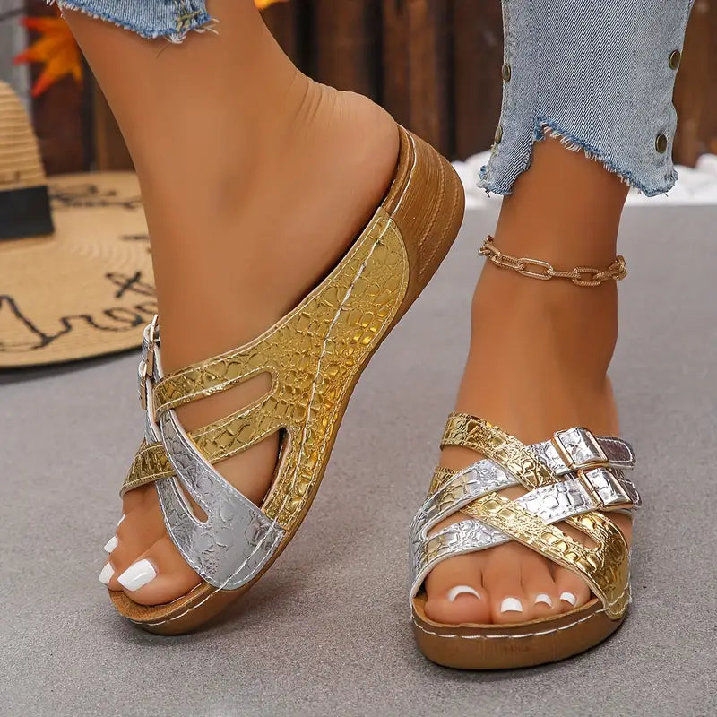 Deniza | Buckle Strap Slip-On Wedge Sandals
