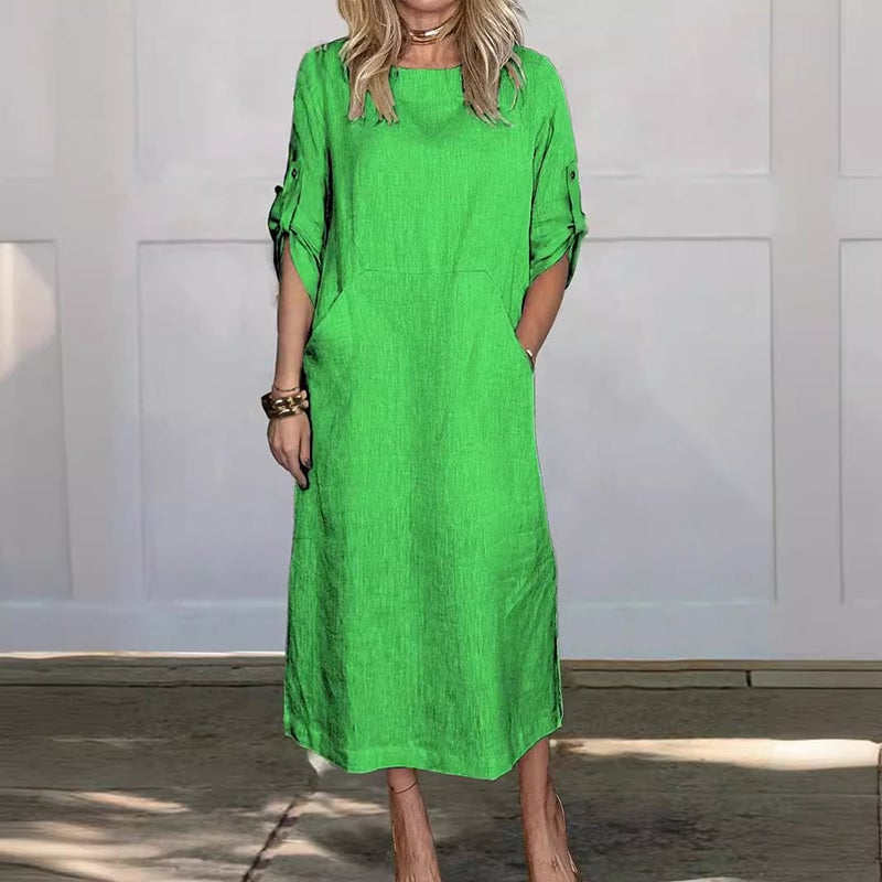 Ericka - Midi Dress Round Neck Rolled Sleeves
