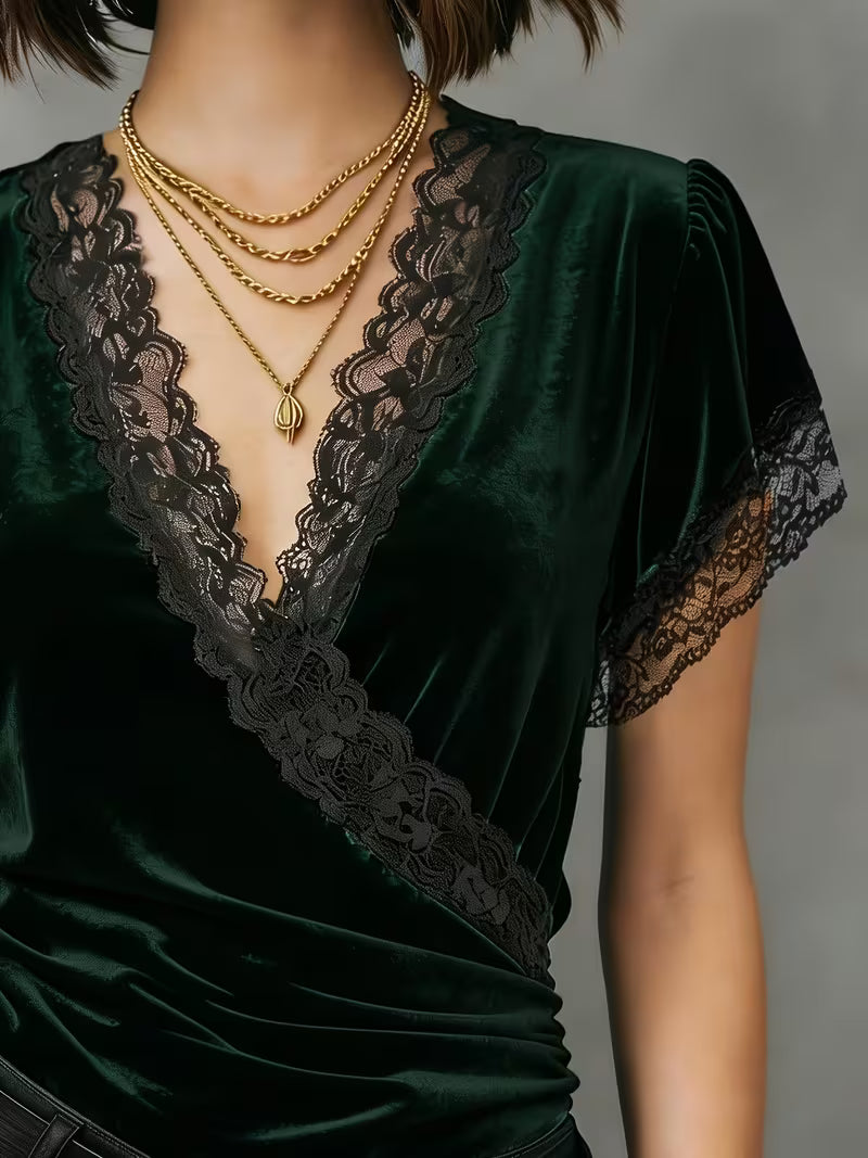 Jalisa | Velvet-Look Lace Trim Wrap Top