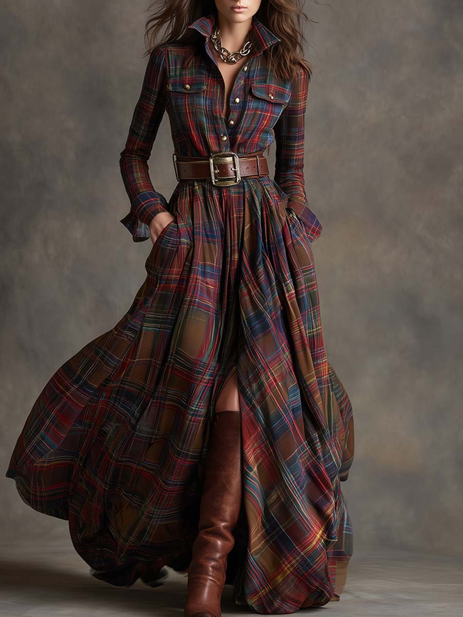 Hadasa | Plaid Collared Long Sleeve Maxi Dress