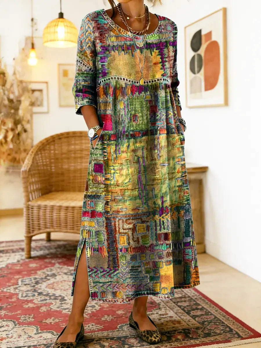 Nihada | Midi Dress Round Neck Abstract Print