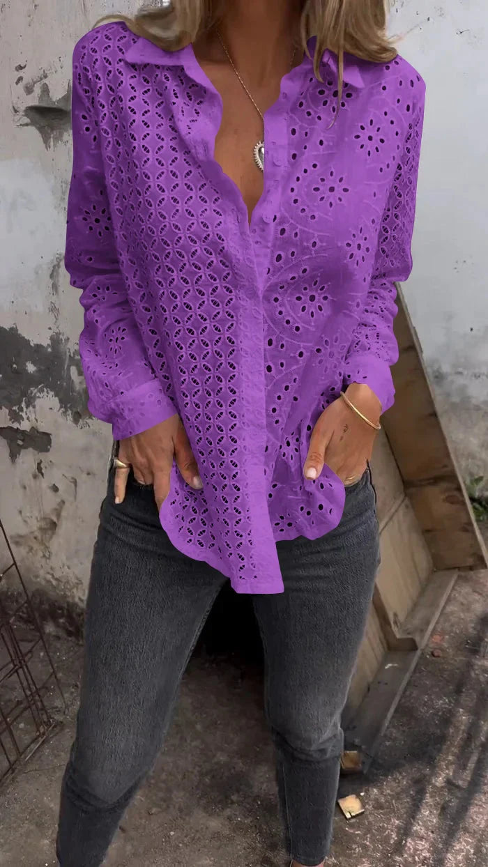 Tommie | Eyelet Button-Up Long Sleeve Blouse