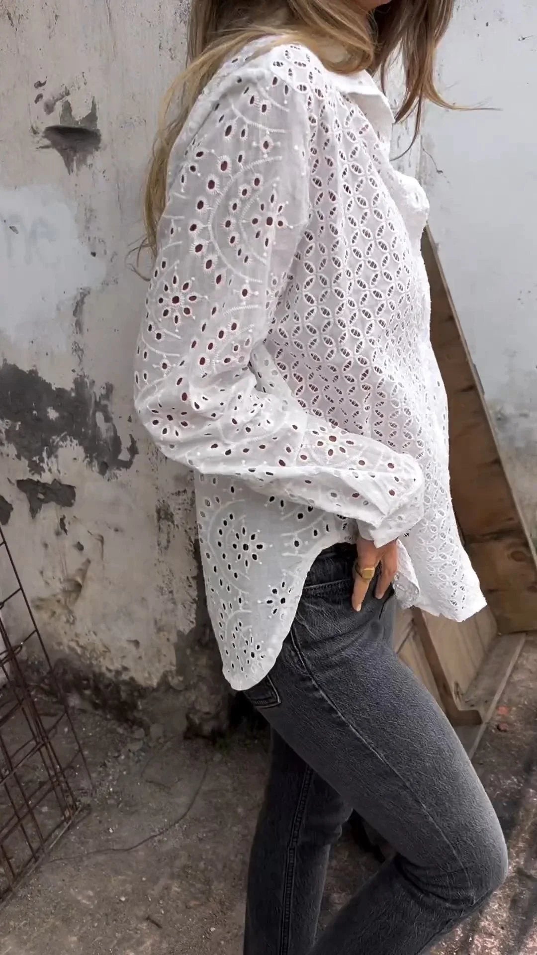 Tommie | Eyelet Button-Up Long Sleeve Blouse
