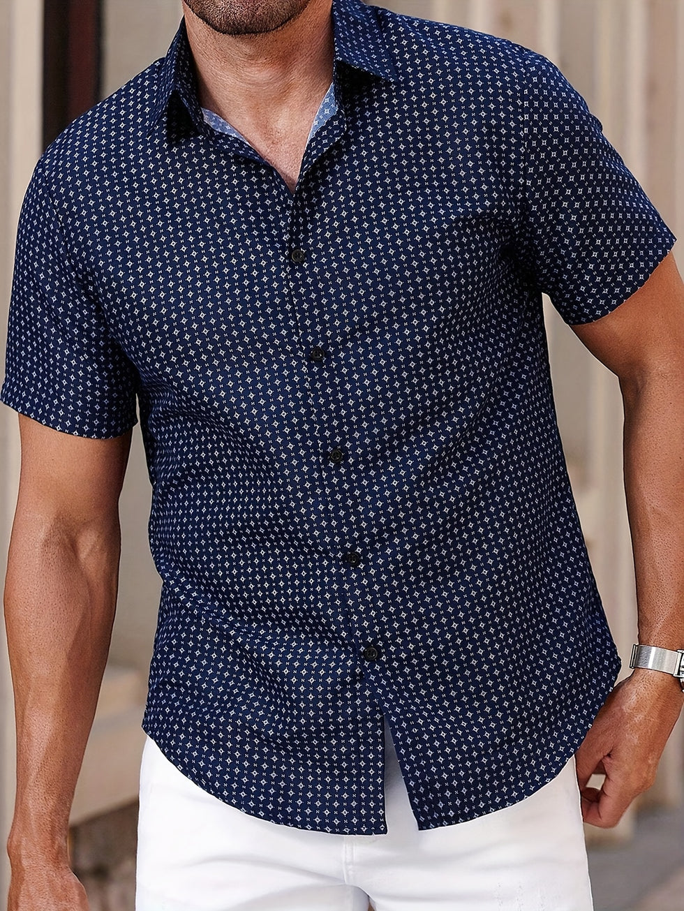 Orvian | Button Shirt Navy Geometric Print Short Sleeve