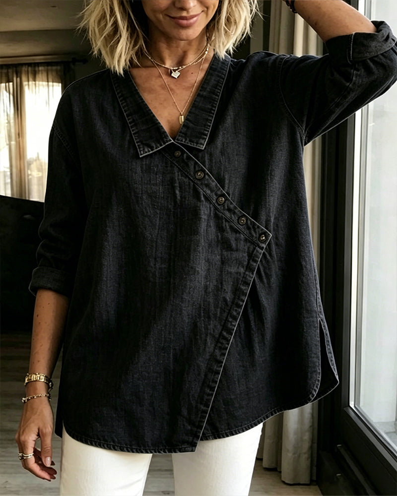 Olizia | Denim-Style Wrap V-Neck Long Sleeve Blouse