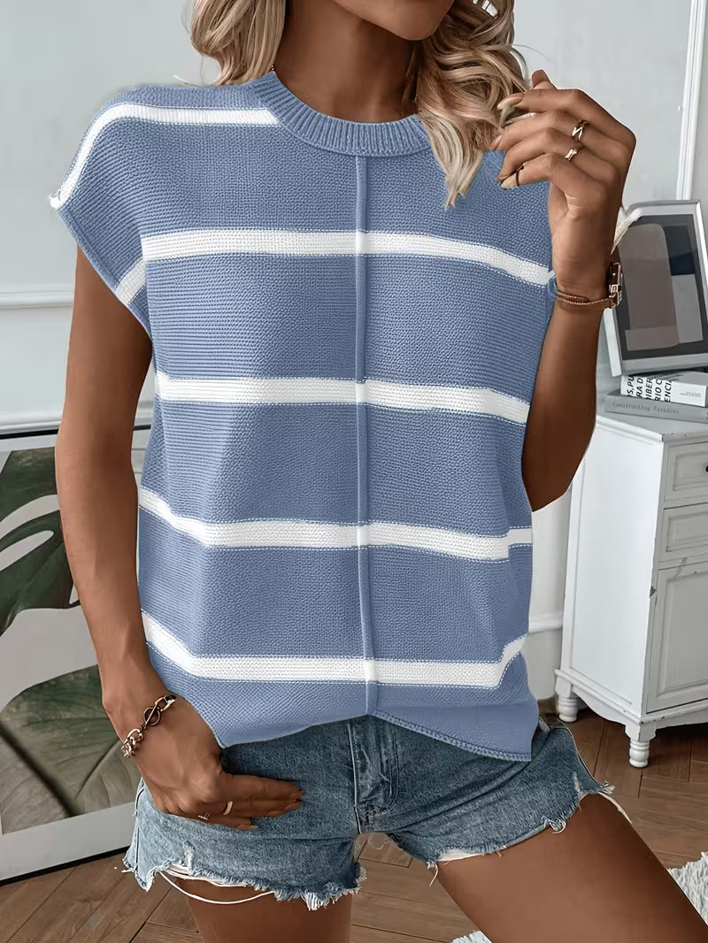 Enila | Striped Knit Sweater with Short Sleeves