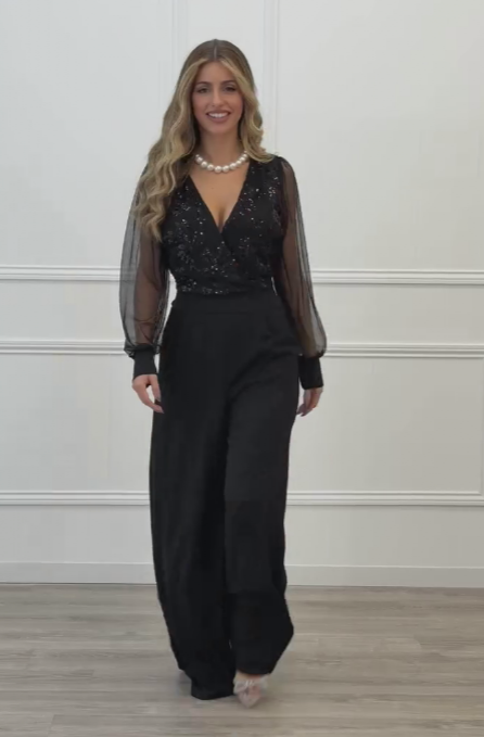 Meira - Embellished Mesh Sleeve Wide Leg Jumpsuit