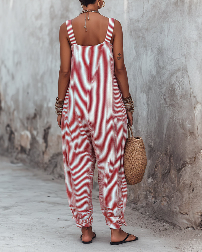 Keri - Red Stripe Sleeveless Relaxed Fit Jumpsuit