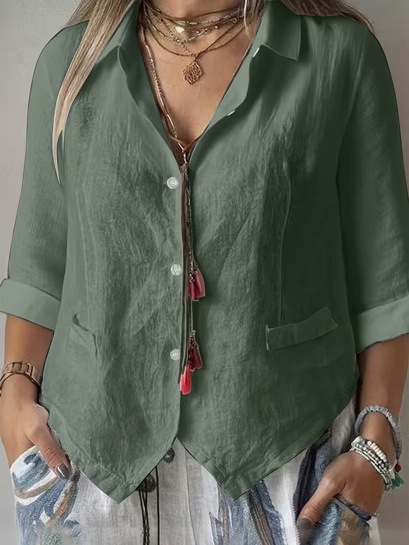 Isolde | Open Collar Short Sleeve Button Shirt