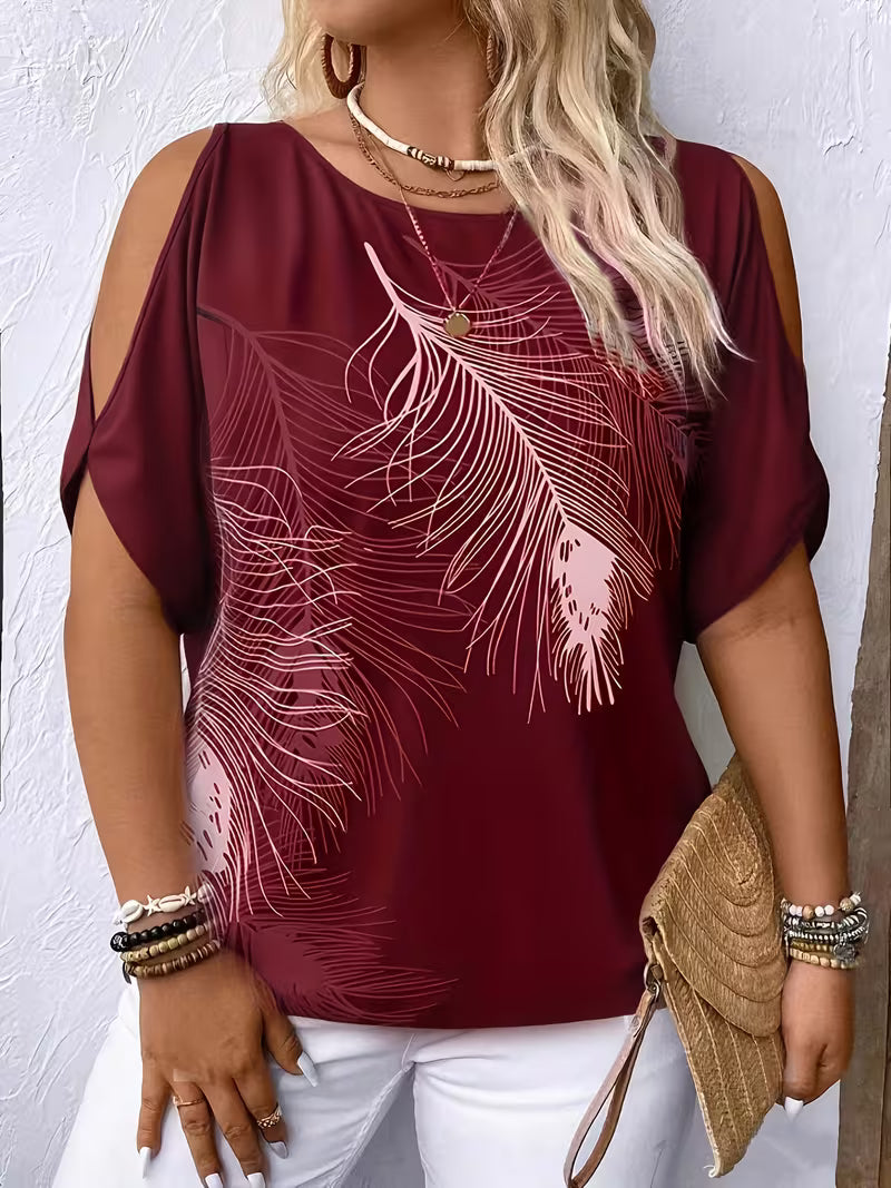 Liris | Feather Print Cold Shoulder Short Sleeve Top