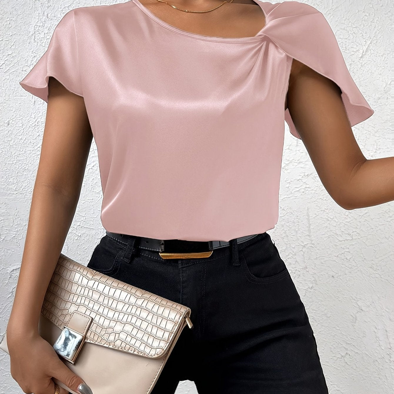 Loretta | Blouse Satin Look Draped Short Sleeve Top