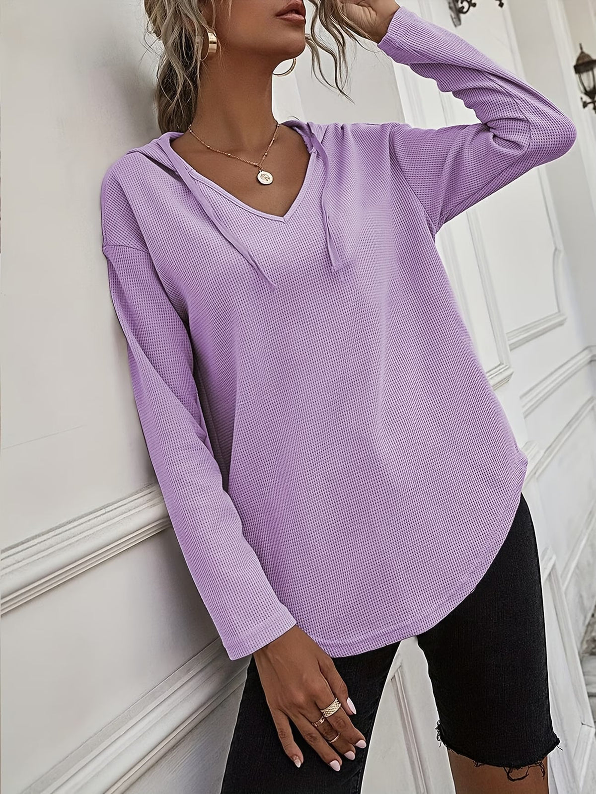 Laurette | Long Sleeve V-Neck Hoodie with Hood