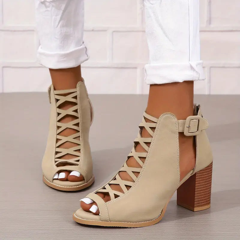 Ruzilya | Peep Toe Lace-Up Chunky Heel Sandals