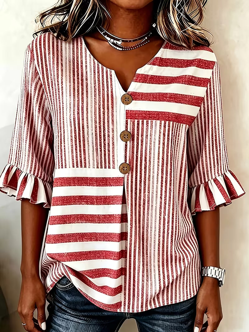 Avyra | Striped Patchwork Ruffle Sleeve Top