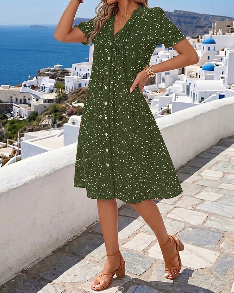 Dayma | Printed V Neck Button Front Dress