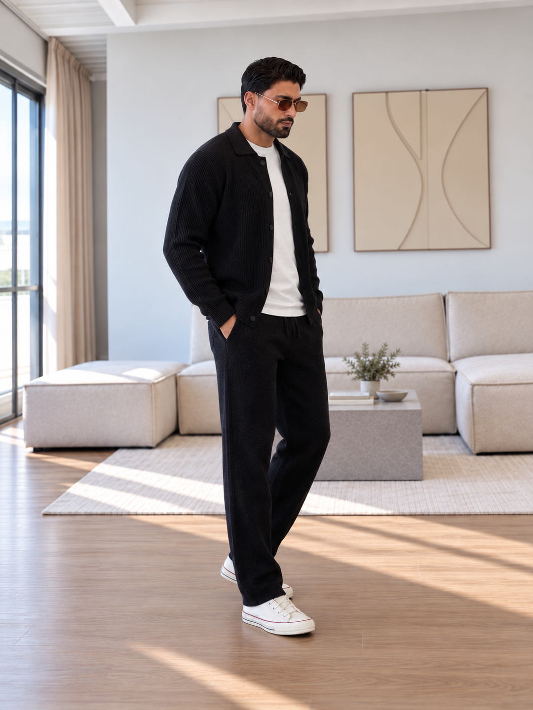 Andrej | Knit Set With Collared Cardigan Straight Pants