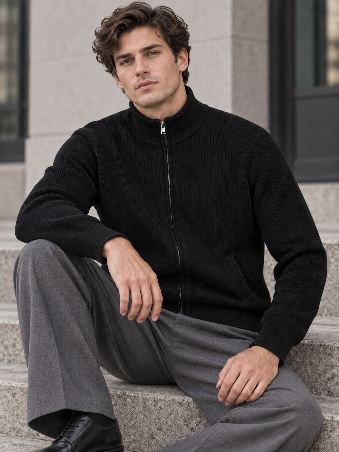 Milou | Cardigan With Ribbed Texture and Stand Collar