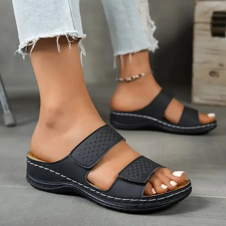 Ellen | Slide Sandals With Perforated Double Straps