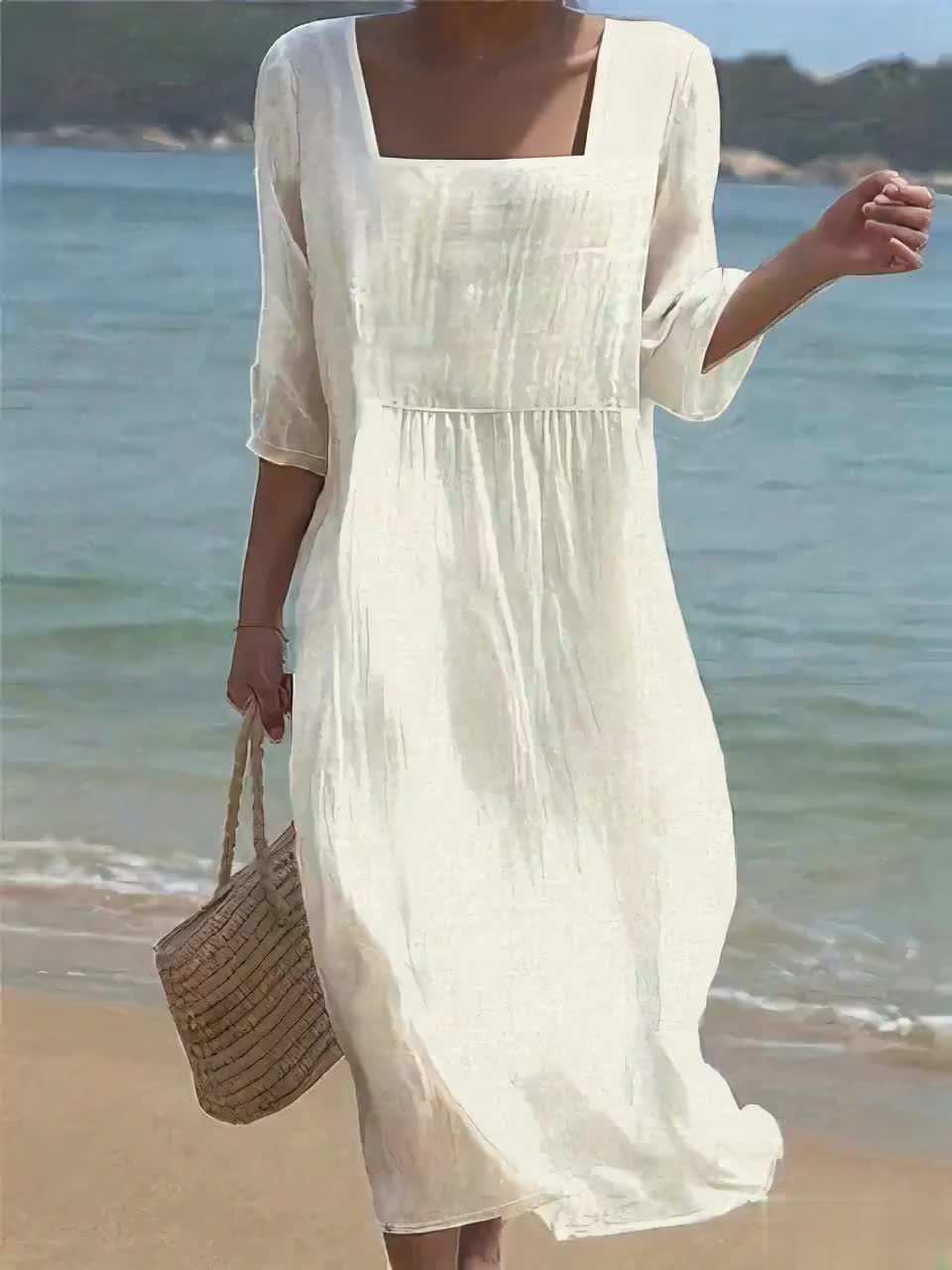 Odonnell - Square Neck White Midi Dress