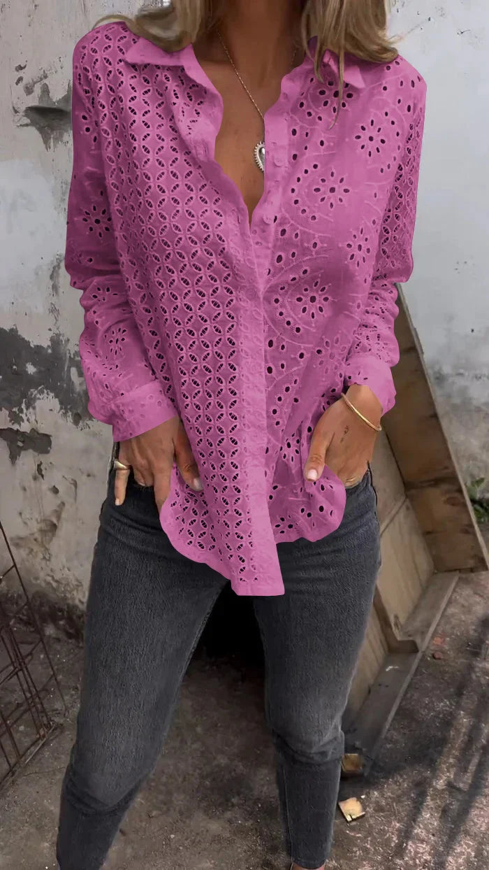 Tommie | Eyelet Button-Up Long Sleeve Blouse