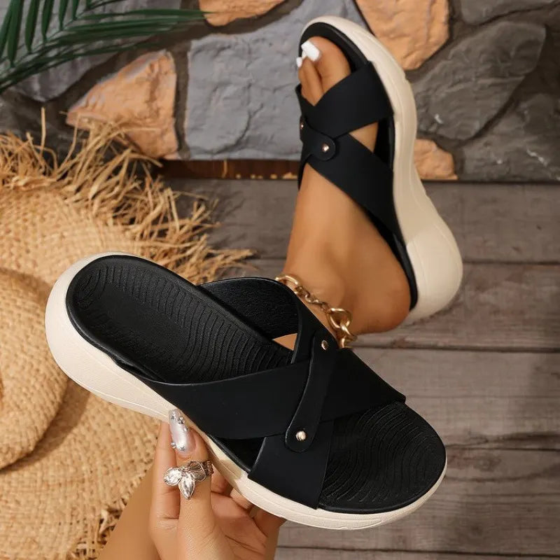 Quessia | Open-Toe Crossover Wedge Slide Sandals