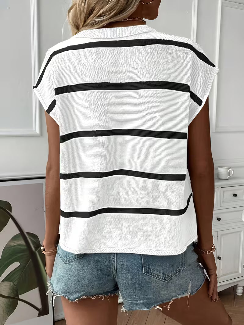 Enila | Striped Knit Sweater with Short Sleeves