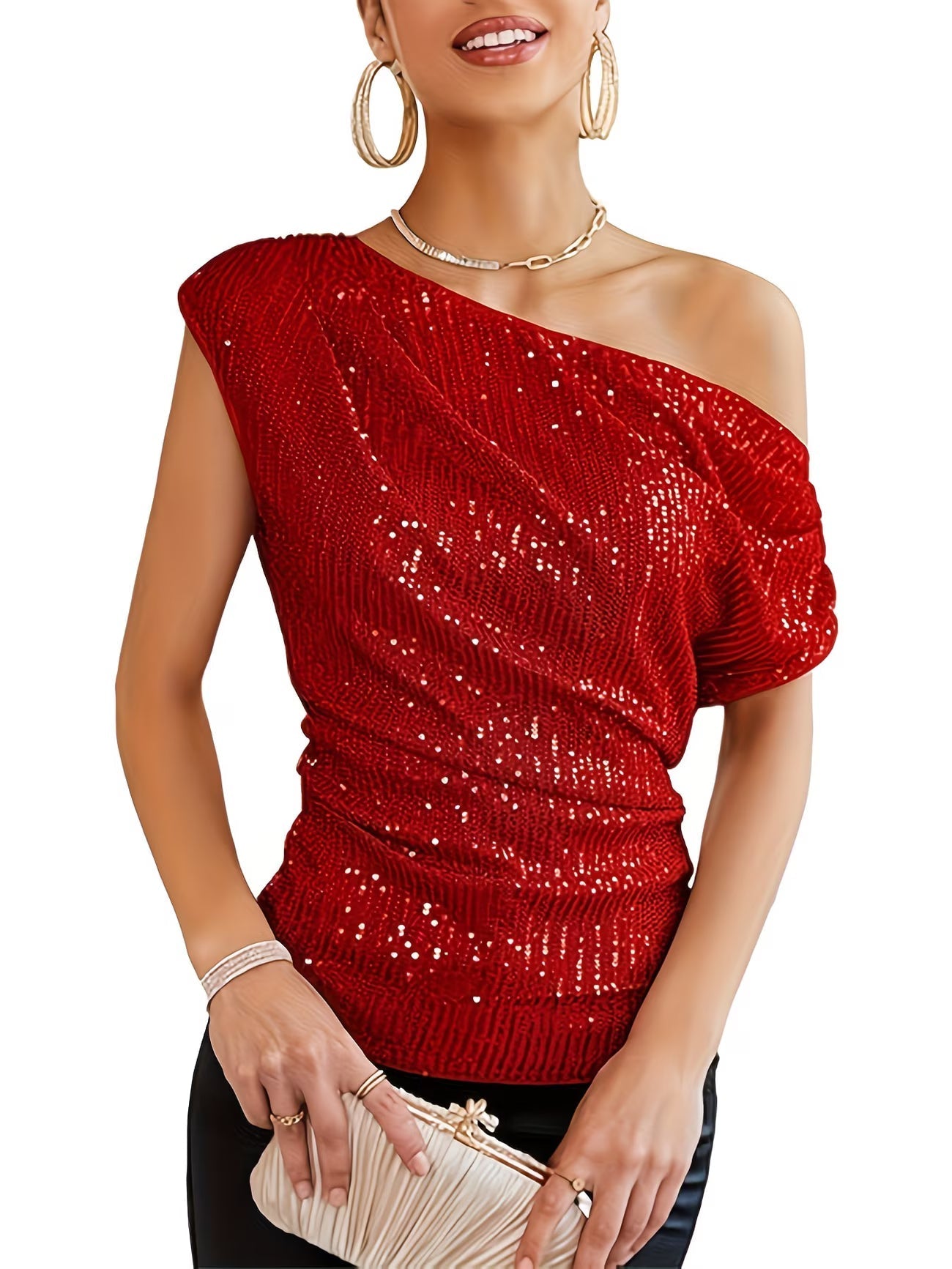 Jhasel | Sequin One Shoulder Short Sleeve Blouse