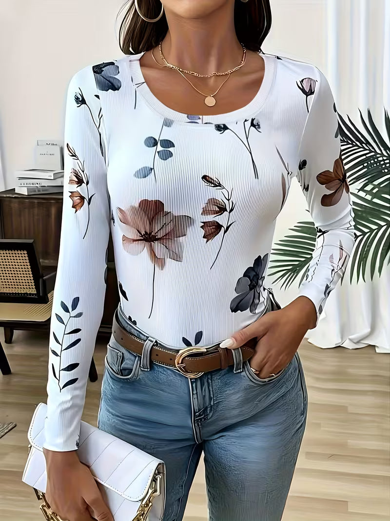 Rabiye | Long Sleeve Floral Print Ribbed Top