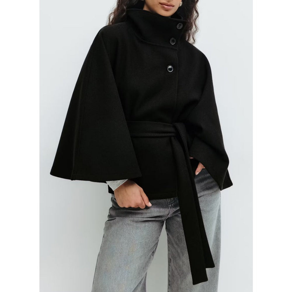 Araceli | Cape Jacket High Neck Belted Button Front