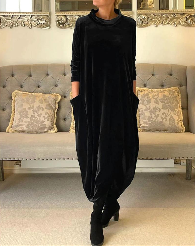 Layeena | Velvet Long Sleeve Pocket Midi Dress