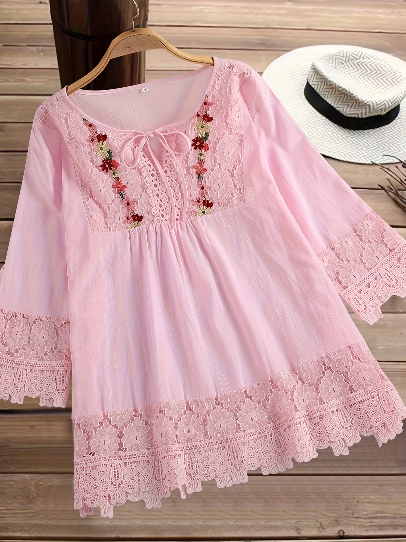 Esmeralda | Embroidered Lace Blouse With Tie Neck