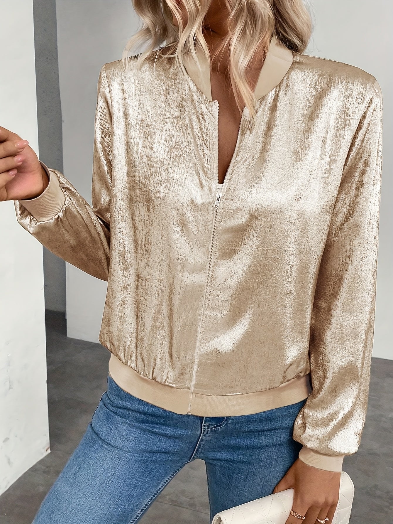 Marla | Metallic Long Sleeve Zip Bomber Jacket