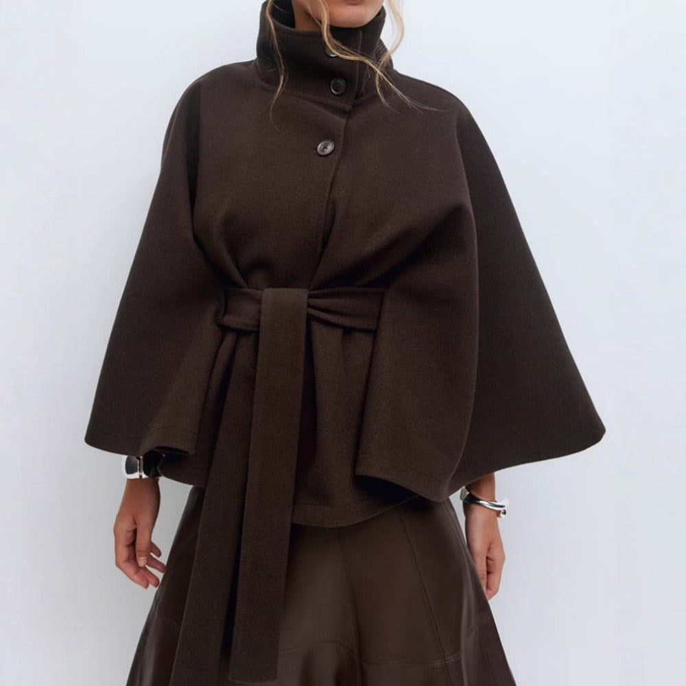 Araceli | Cape Jacket High Neck Belted Button Front