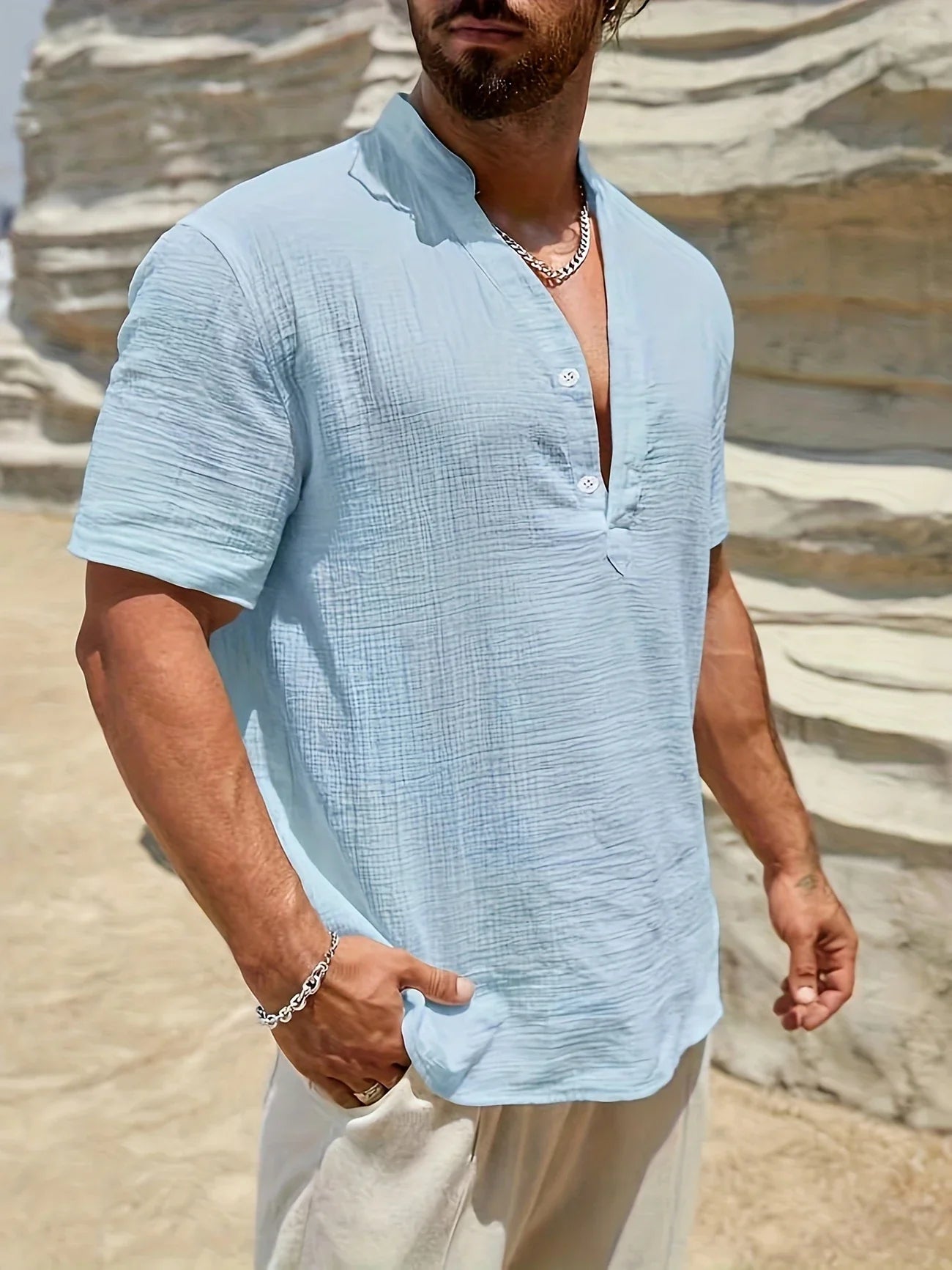 Sancho | Short Sleeve Stand Collar Henley Shirt