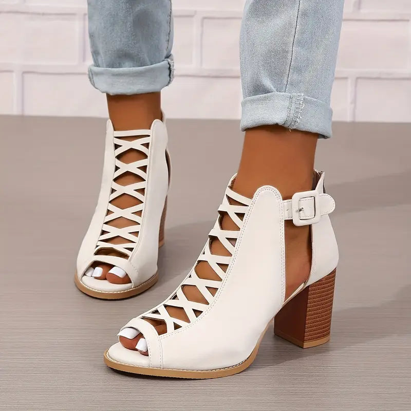 Ruzilya | Peep Toe Lace-Up Chunky Heel Sandals