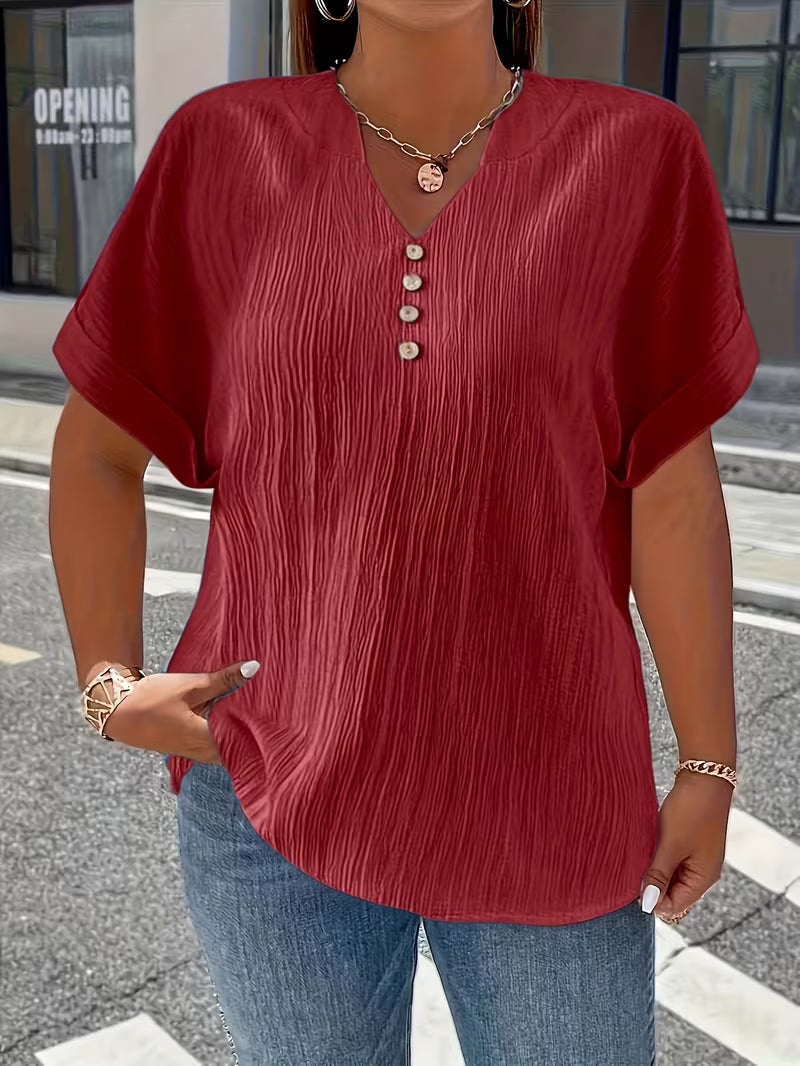 Mrella | T-Shirt with V-Neck Button Front Texture